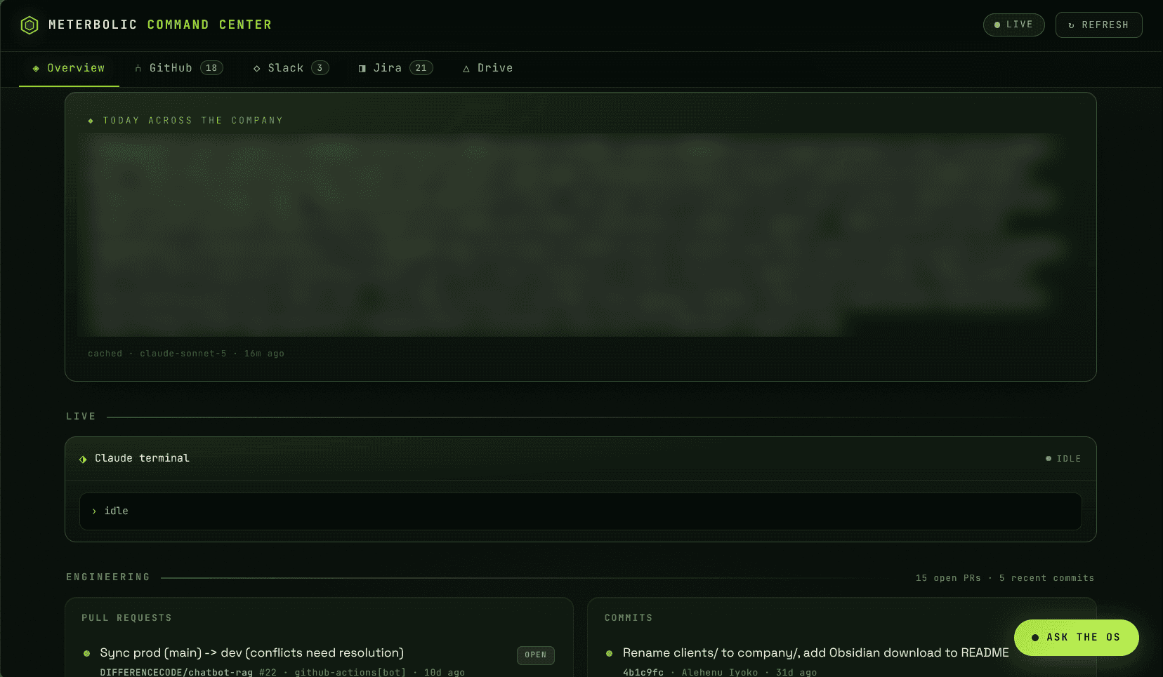 Meterbolic Command Center — AI daily briefing, live agent terminal, and engineering activity